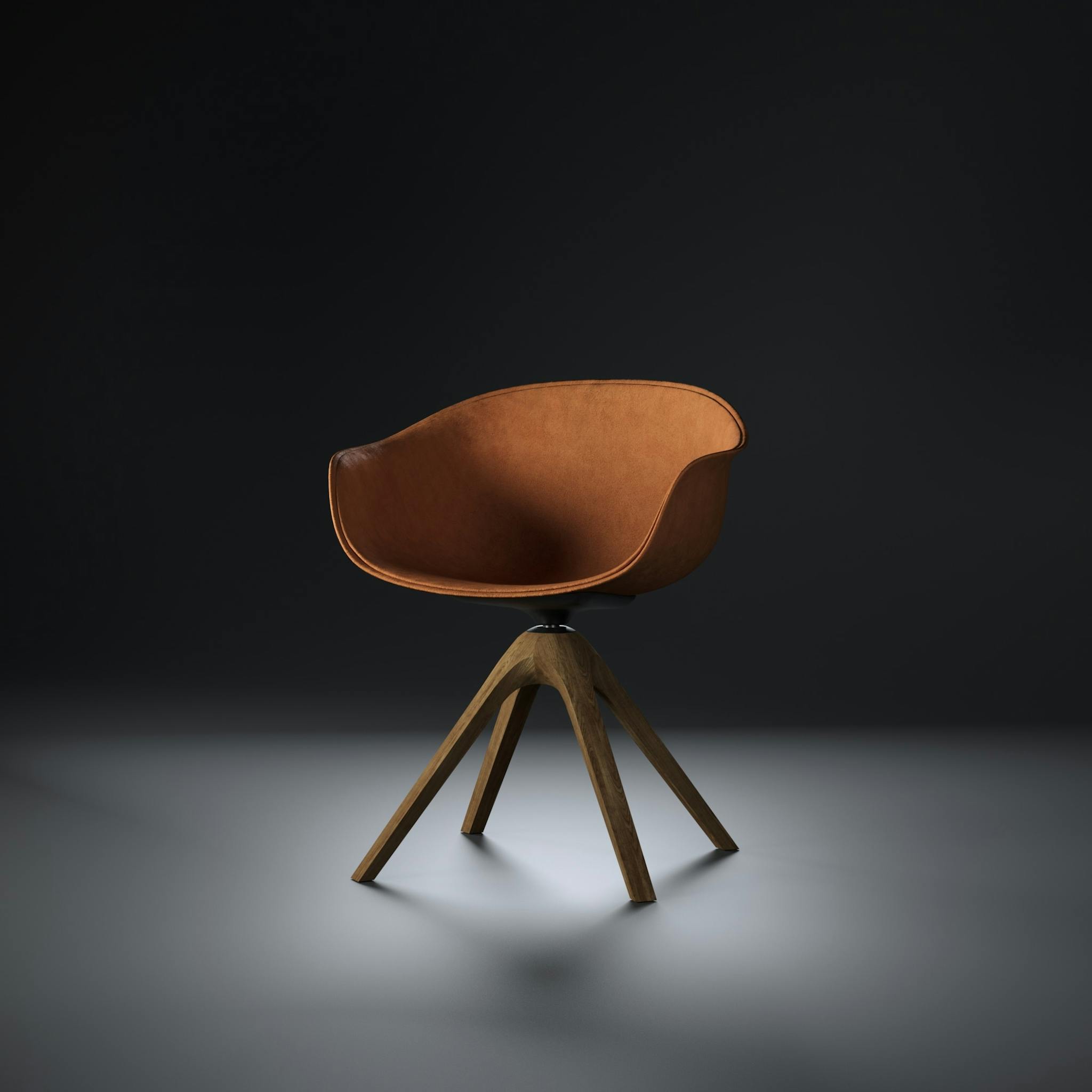 A stylish brown leather chair with a wooden base against a black background, perfect for modern interiors.